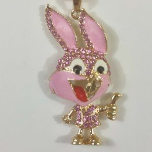 Bugs Bunny Pink rhinestone and enamel necklace 28-30 inches gold tone